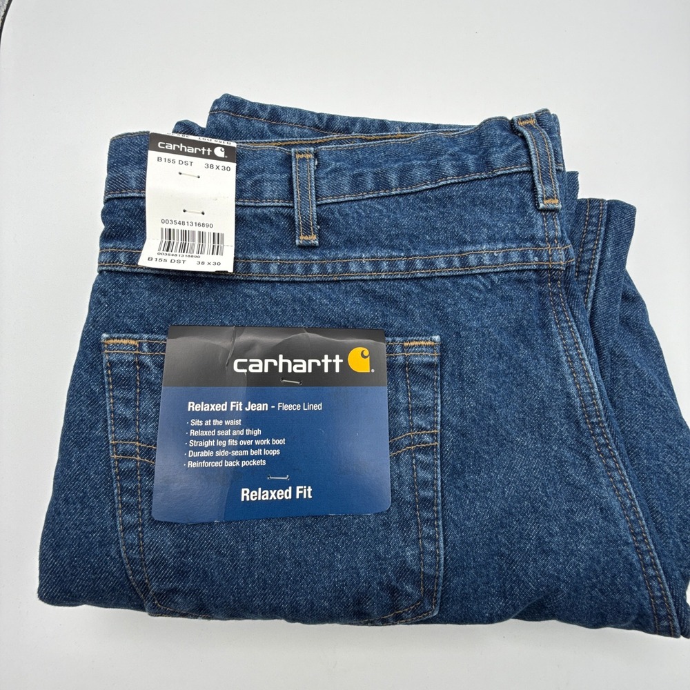Carhartt B155 DST Relaxed Fit Fleece Lined‎ Jeans Mens 38x30 Dark Stone Blue NWT